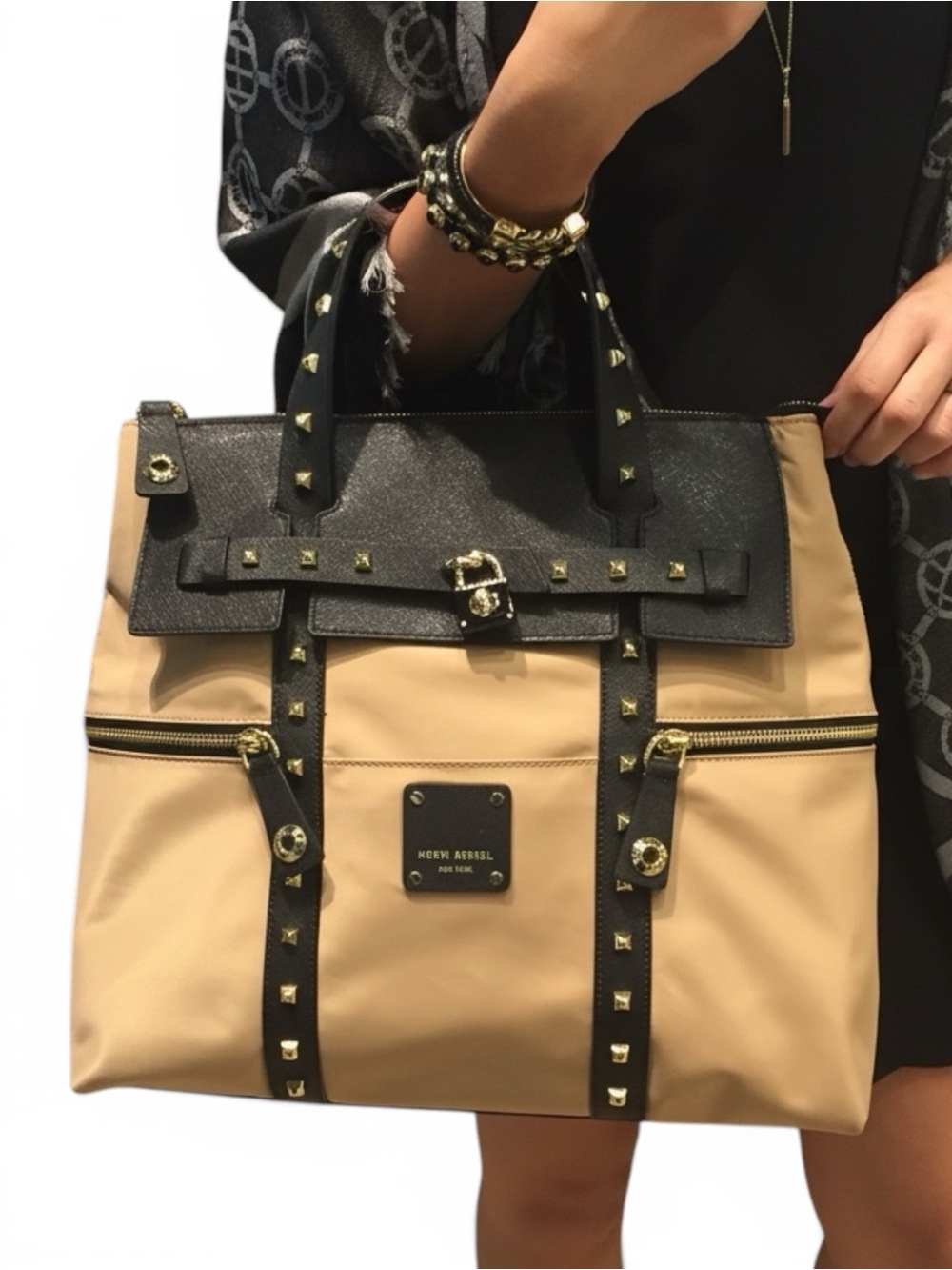 henri bendel Beige and Black Gold Studded Tote - Rare and Hard to Find